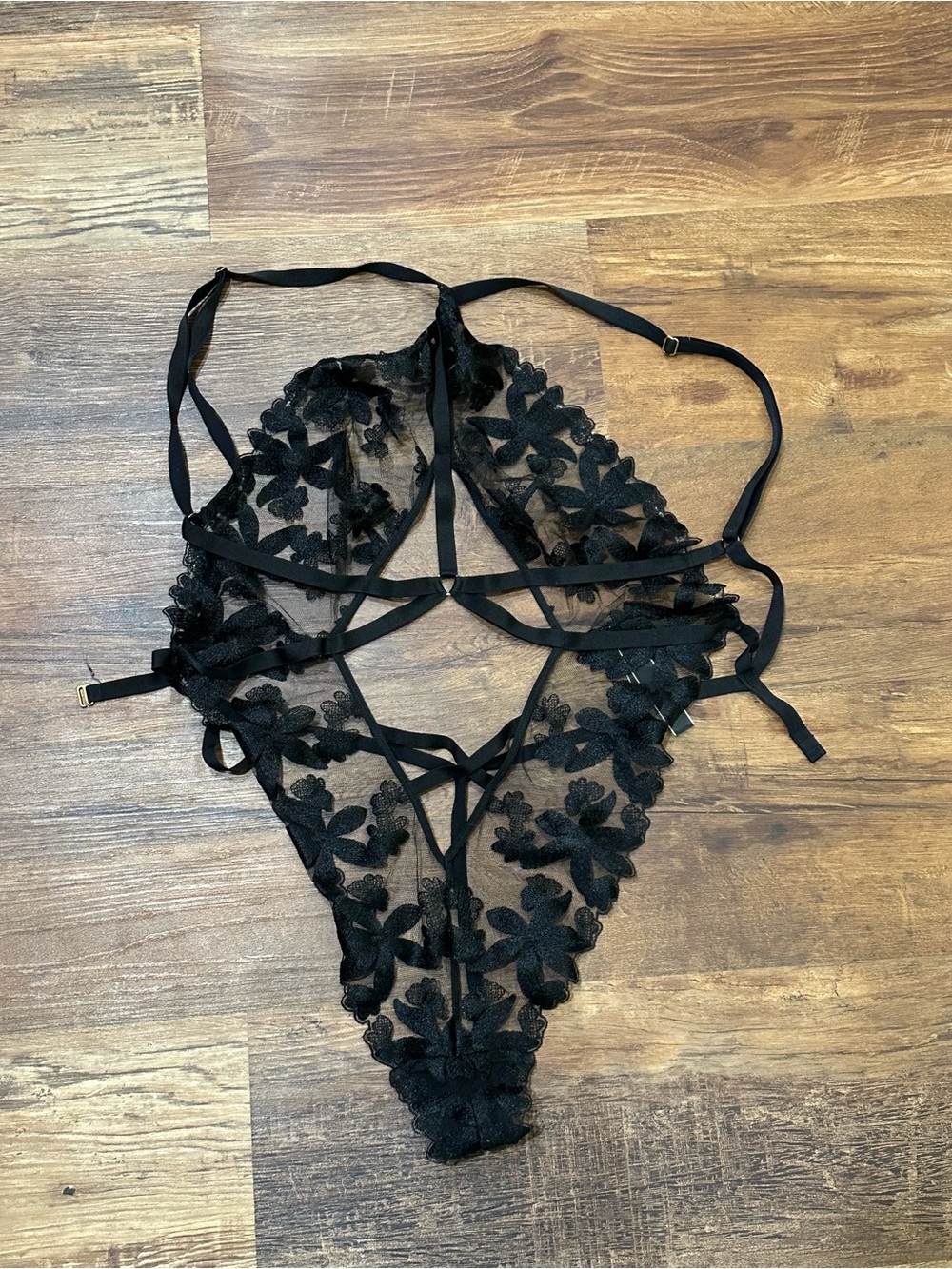 Victoria's Secret Black Floral Lace Strappy Teddy